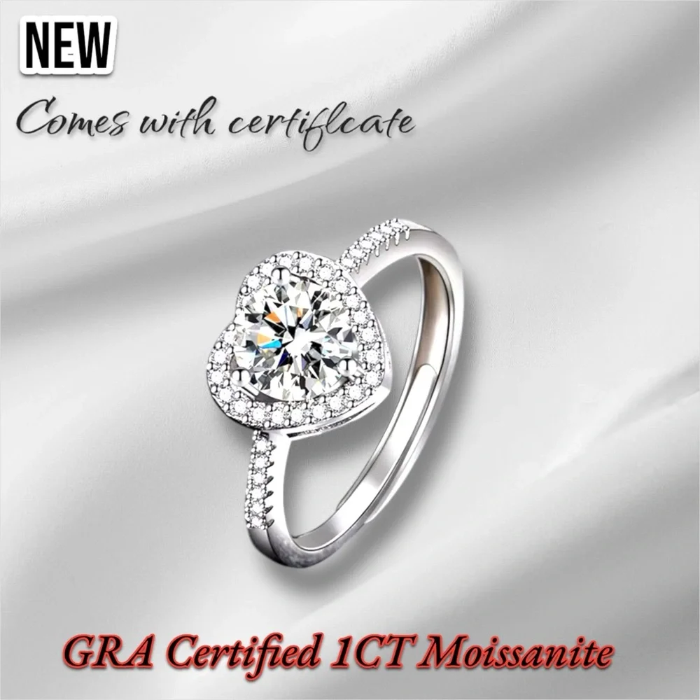 New Sterling Silver S925 GRA Certified 1CT Moissanite Adjustable Ring VVS1 - Picture 3 of 17